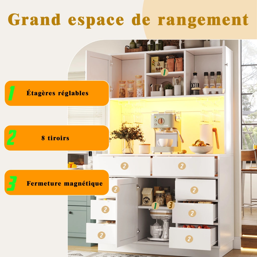 OKWISH Credenza Alta da Cucina con 8 Cassetti, Ripiani Regolabili, LED e Chiusura Magnetica, Bianco, 120×40×183.5 cm