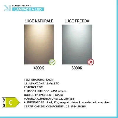 Specchiera LED 100x70 reversibile con retroilluminazione interna e telaio bianco