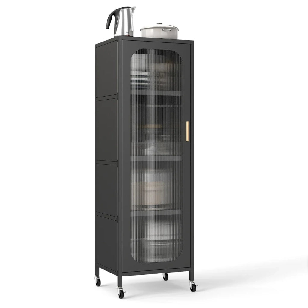 Mobiletto contenitore stretto 45 x 40 x 141 cm con ripiani regolabili e anta semitrasparente in acciaio al carbonio nero 20_0016171