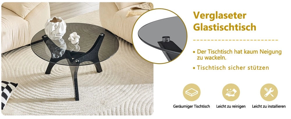 Tavolino da Caff¨¨ Rotondo con Piano in Vetro Temperato ¨C MINIMAL ¨C Struttura in Legno Nero, 80 cm