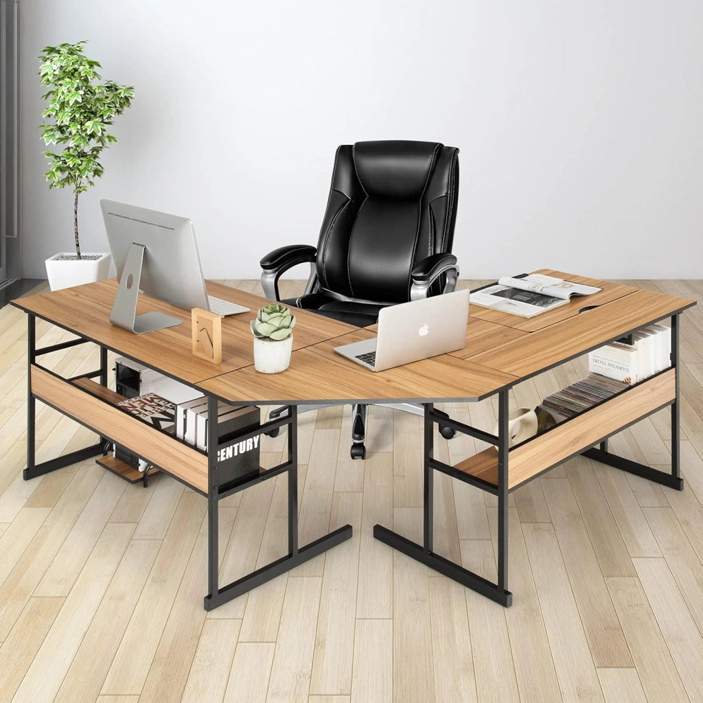 Scrivania ad angolo a forma di L 170 cm, Scrivania per computer con 2 ripiani, vassoio inclinabile, supporto per unità centrale, tavolo da computer, poco ingombrante, stile industriale (noce)