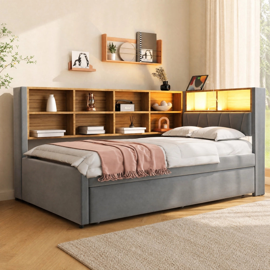 Divano letto multifunzionale 90x200 con letto estraibile 90x190, luci LED, prese di ricarica e vani contenitore, flanella, grigio scuro