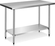 Tavolo da Lavoro in Acciaio Inox a 2 Livelli, Tavolo da Cucina Multifunzione con Ripiano Regolabile e Piedini Livellanti, per Preparazione Alimentare, 122x61x89 cm