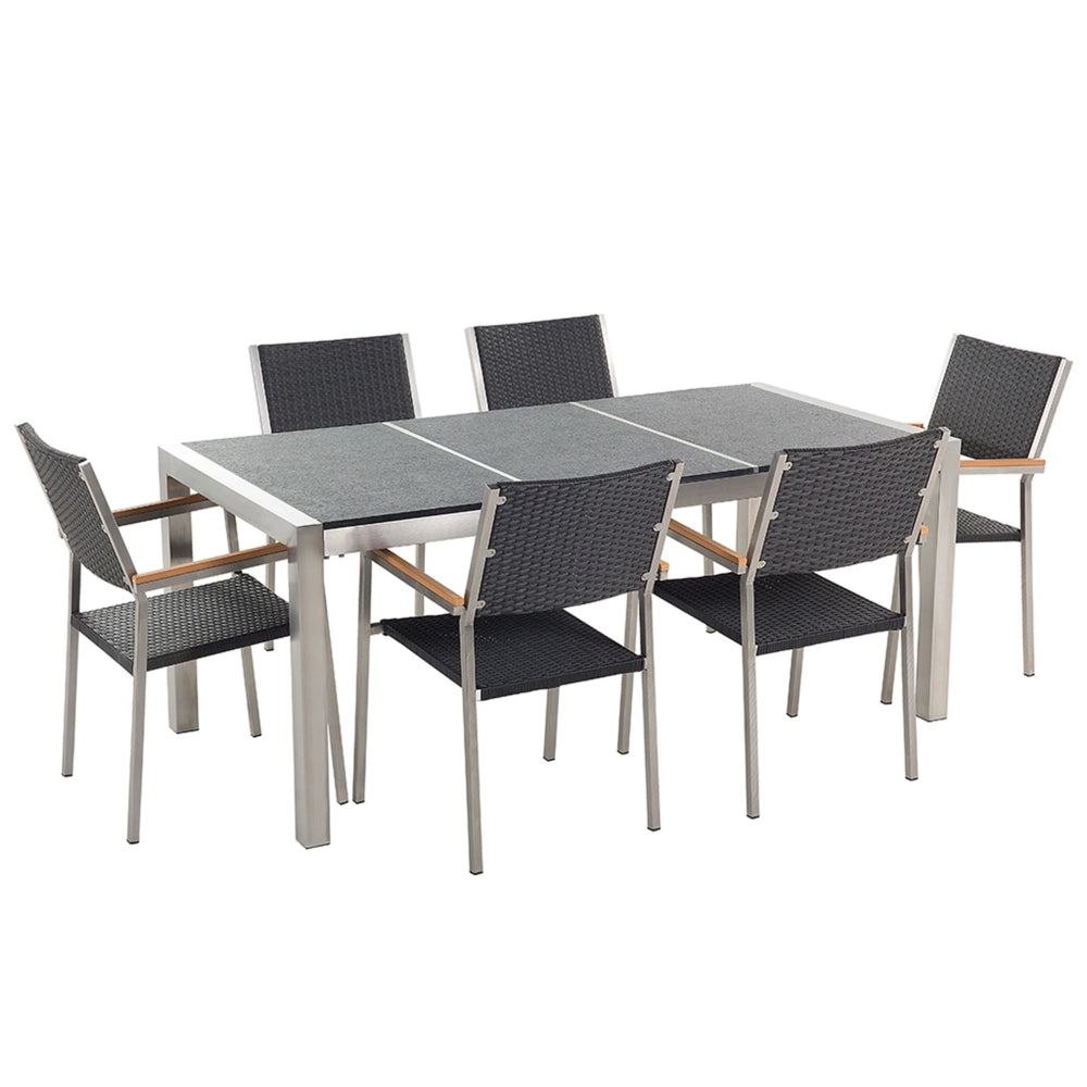 Set da pranzo da giardino Nero con tavolo in basalto Nero sedie in rattan 6 posti 180 x 90 cm