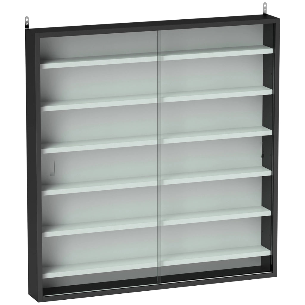 Bacheca Vetrina a Muro con 6 Ripiani Regolabili 80x9.5x83 cm in Legno Bianco e Nero