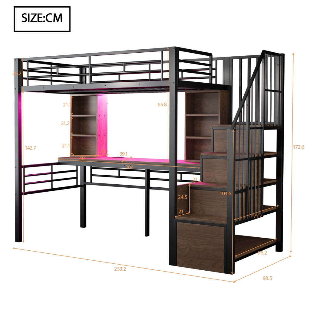 LETTO A SOPPALCO 90 x 200 cm con scrivania, LED, scala contenitore, nero