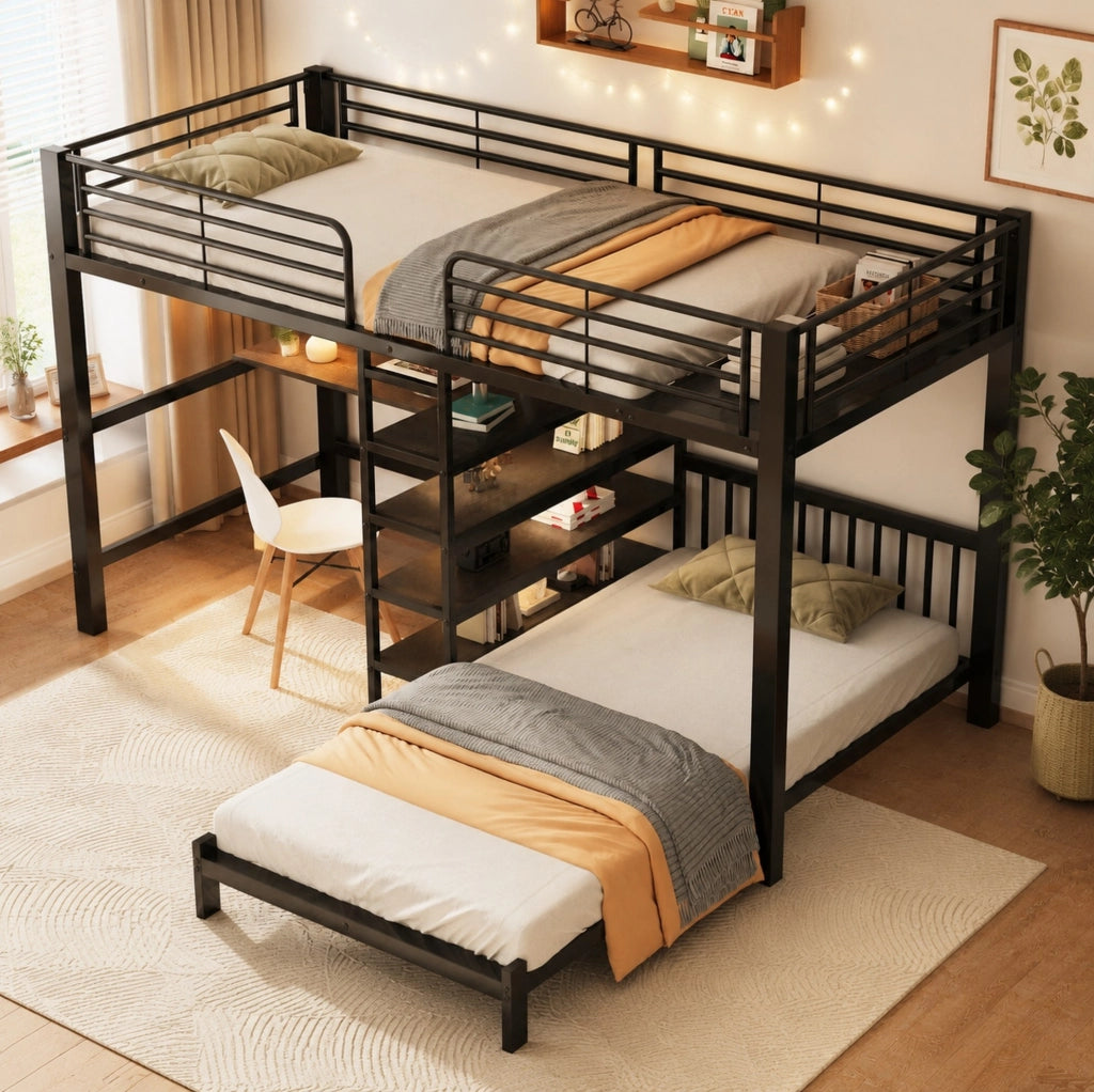 Letto a soppalco con scrivania 90x200 cm; struttura in metallo e MDF; nero