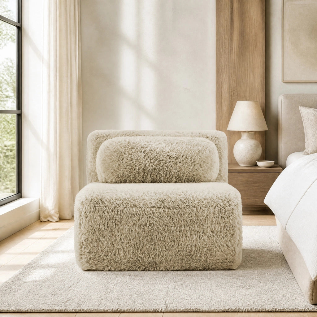 Divano modulare senza braccioli con cuscino in tessuto peluche, seduta ampia, beige cachi chiaro