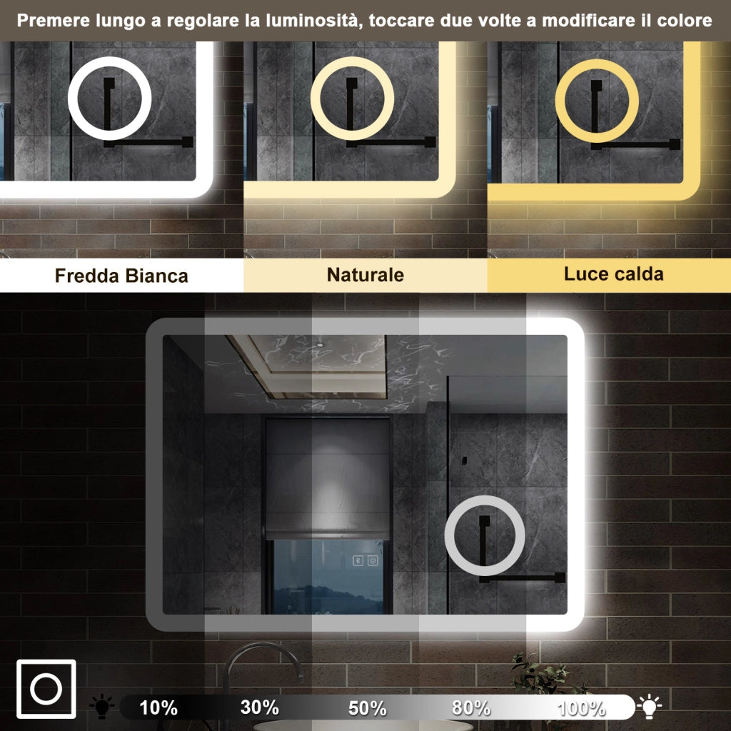 specchio rettangolare 80x60 cm con luce dimmerabile a 3 colori, bluetooth, antiappannamento e ingranditore 3x
