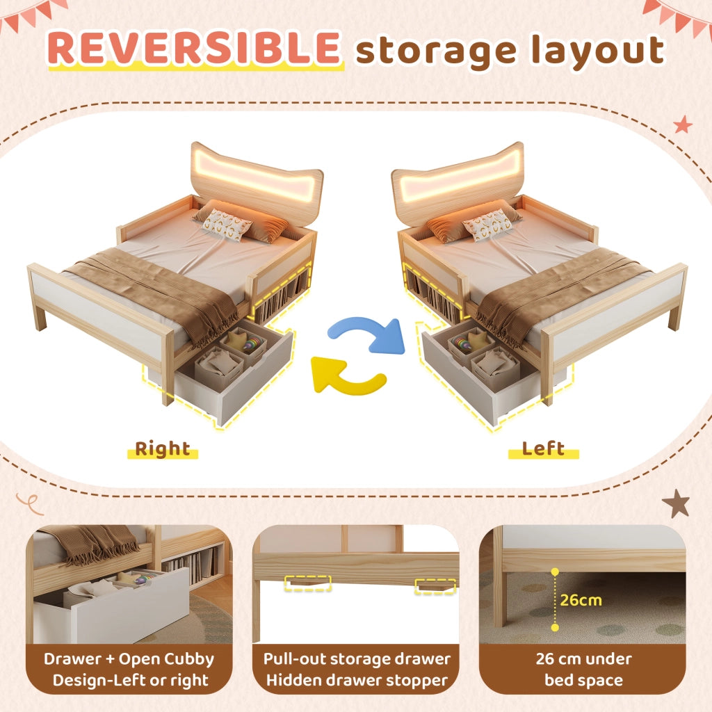 Letto singolo per bambini 90x190 cm con testiera gatto LED RGB; cassetto modulare; vani destra/sinistra e rete; bianco e rovere