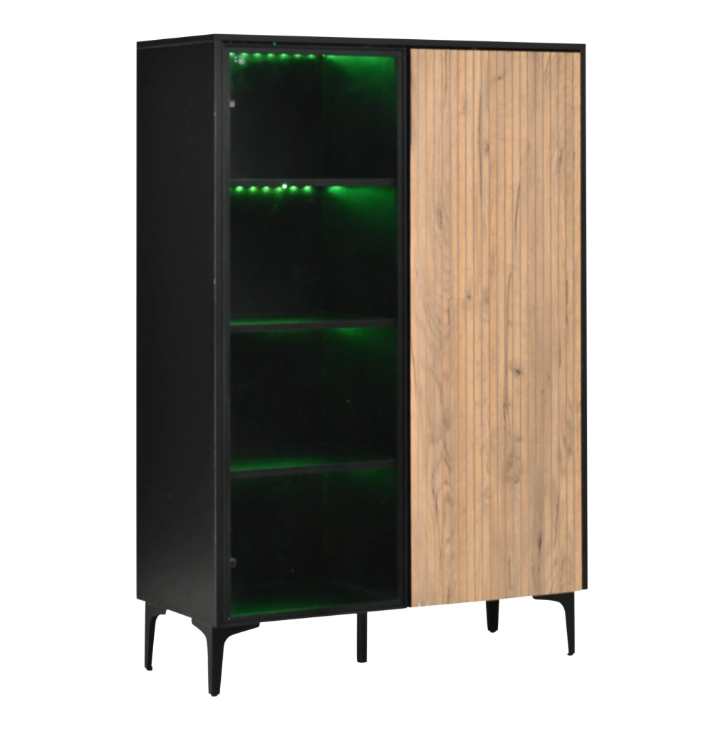 Vetrina 90x40x135 cm in MDF nera e legno con LED e 8 vani –