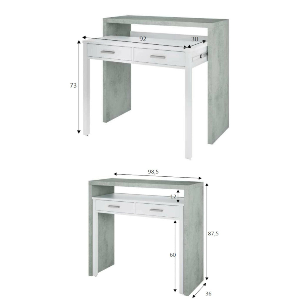 Consolle Andriy, Scrivania con piano estensibile, Scrittoio porta PC con 2 cassetti, cm 99x36h88, Cemento e Bianco