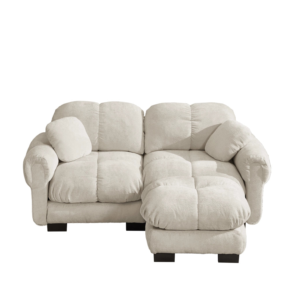 Divano angolare modulare 2 posti con chaise longue mobile e cuscini trapuntati in ciniglia beige chiaro