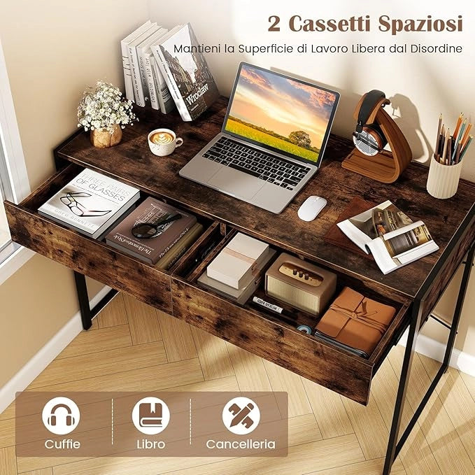 Scrivania con 2 Cassetti, Scrivania per Computer con Robusto Telaio in Metallo e Kit di Anti-ribaltamento, Postazione di Lavoro Multiuso per Camera da Letto, Ufficio e Casa