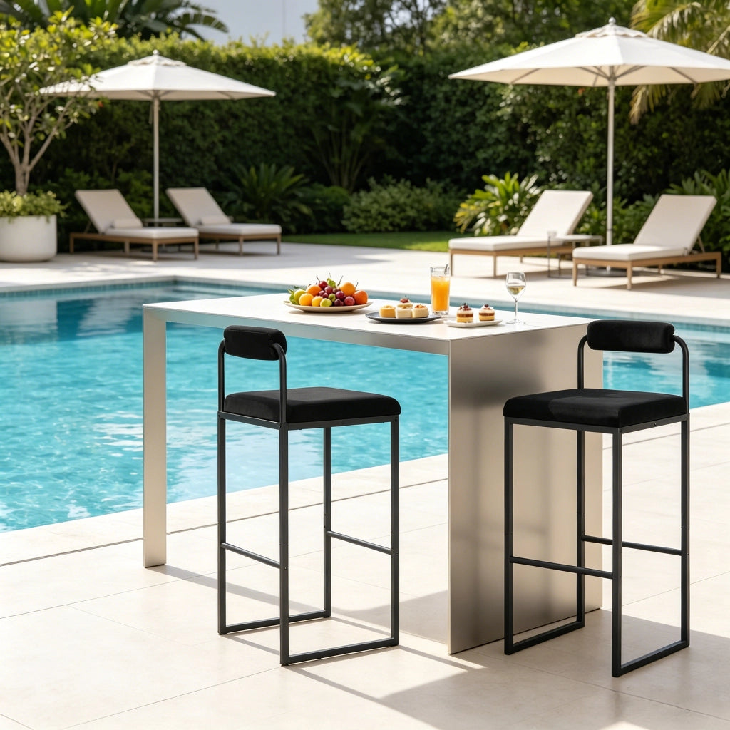 Sgabello da bar moderno con schienale, seduta imbottita in velluto nero, set da 2 pezzi