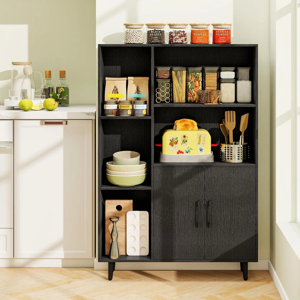 Libreria Scaffale con 5 Ripiani a Cubo Aperti e 2 Ante, Scaffale Espositivo in Legno Salvaspazio, Mobile per Camera da Letto, Soggiorno, Salotto, Ufficio e Studio, 80 x 23,5 x 119 cm (Nero)