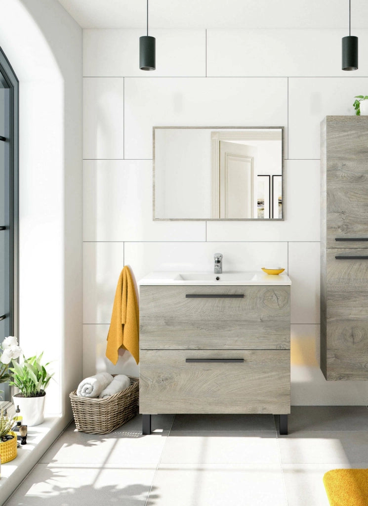 Mobile sottolavabo Abissalino, Mobiletto per bagno a 2 cassetti, Armadietto sospeso con specchio, lavabo non incluso, cm 80x45h80, Rovere