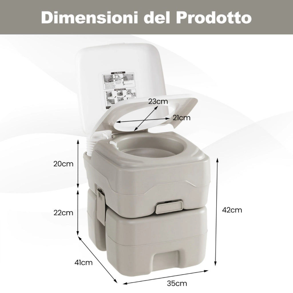 Toilette portatile con serbatoio di scarico da 20 L e imbuto telescopico, Toilette a prova di perdita per campeggio Grigio-Docce e toilette portatili