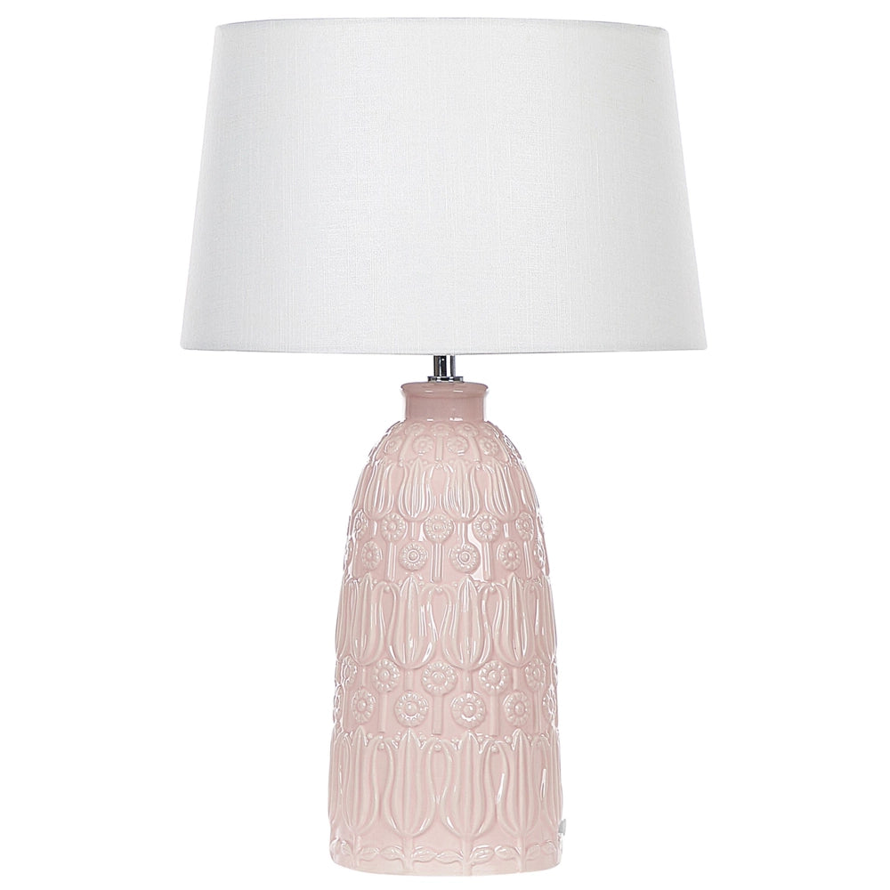 Lampada da tavolo in ceramica rosa con base ornata in tessuto bianco con paralume in tessuto Boho Rustic Design Home Illuminazione