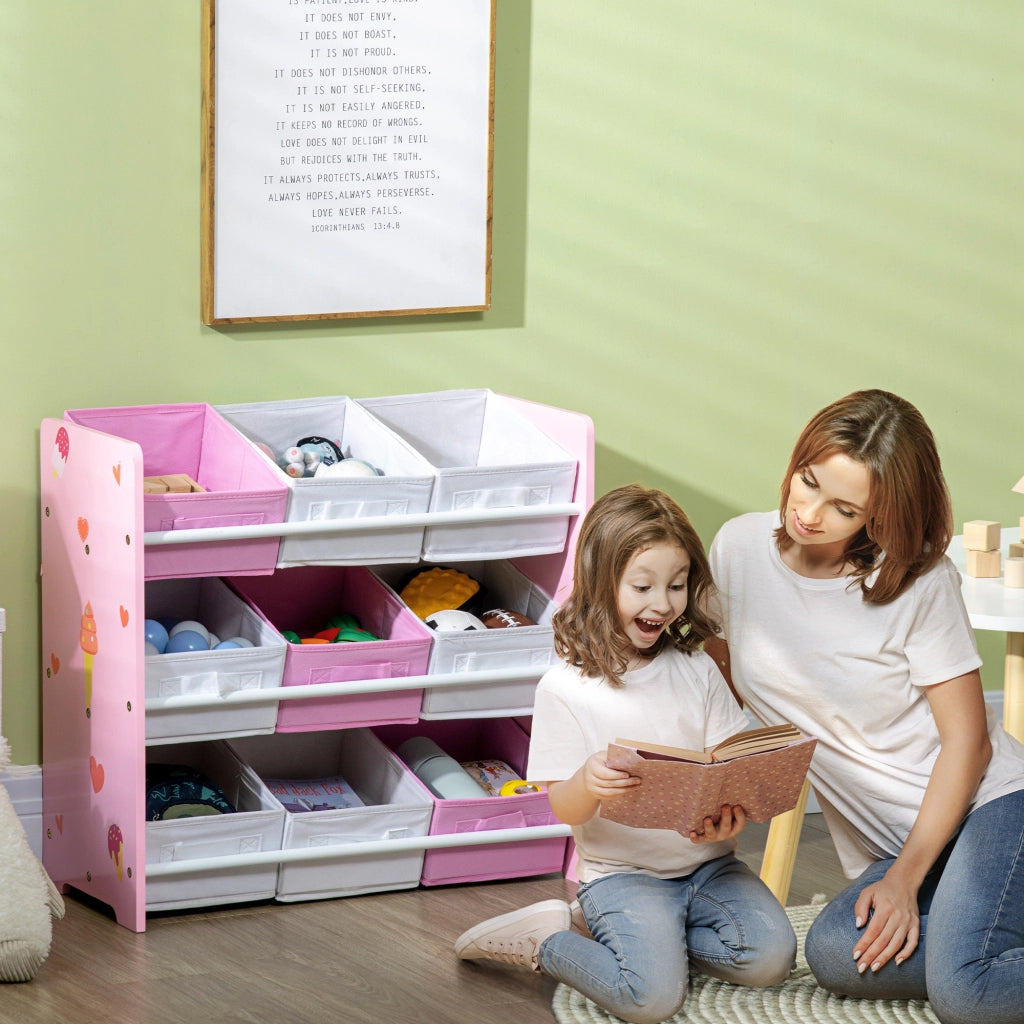 Scaffale Portagiochi per Bambini 63x30x60 cm con 9 Cestini in Tessuto in MDF Rosa e Bianco