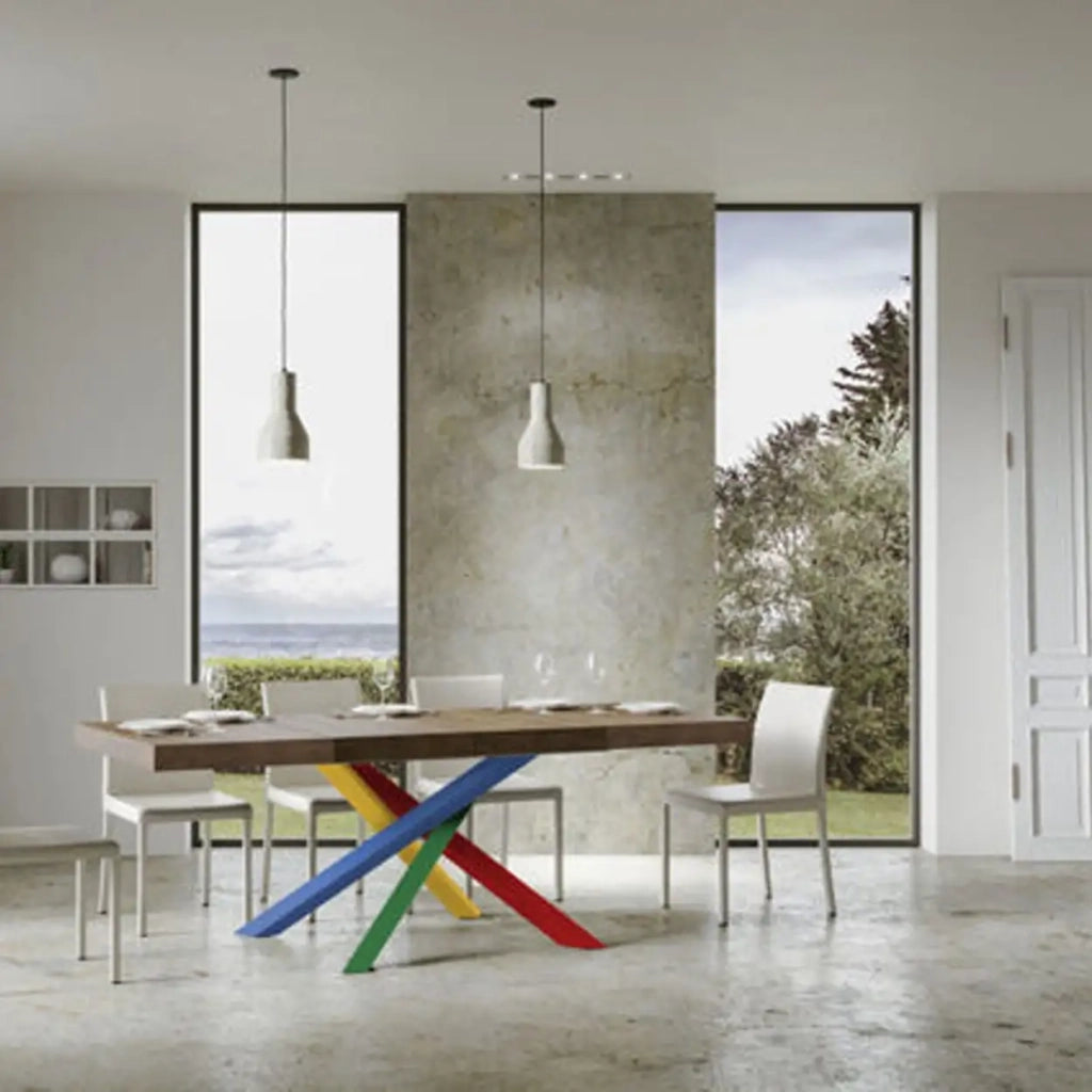 Tavolo allungabile 130/390x90 cm Volantis Premium colore noce gambe multicolore 4/B