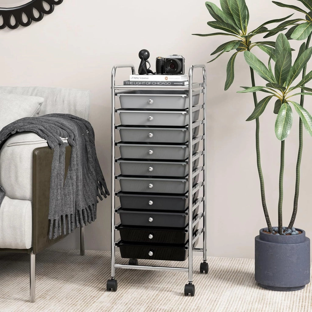 Carrello con 10 Cassetti da Stoccaggio, Cassettiera di Metallo e Plastica, Contenitore Multiuso con Ruote a Freno, per Casa e Ufficio (Nero sfumato)
