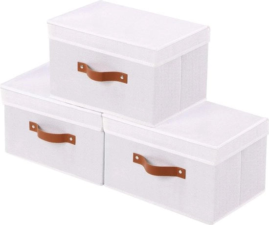 Cassa di archiviazione pieghevole con maniglie e coperchio - Bianco - Set da 3 - Per armadi e abbigliamento - 33 x 23 x 20 cm