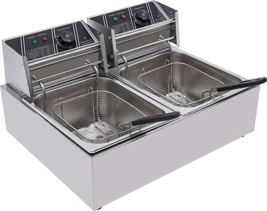 Doppia Frittura - Capacità 12L - Regolazione di Temperatura - Rapida Accensione - 2 Manici e Coperture - Acciaio Inox