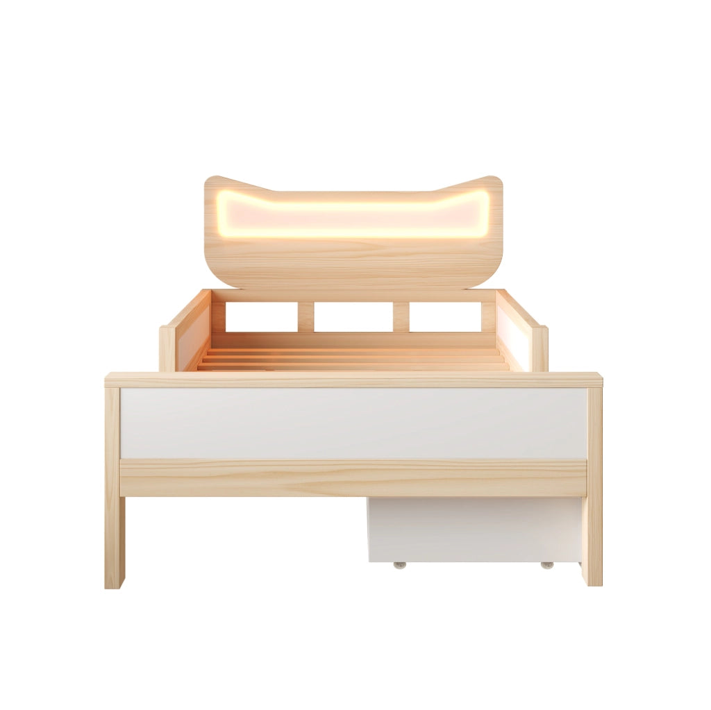 Letto per bambini 90x190 cm con testiera a gatto; LED; cassetto e vano contenitore; bianco e rovere