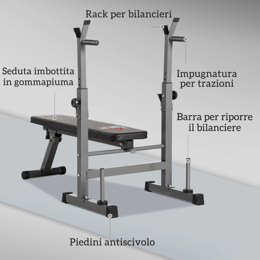 Panca Pesi Pieghevole con 8 Altezze Regolabili e Supporto Bilanciere in Acciaio e PU Grigio