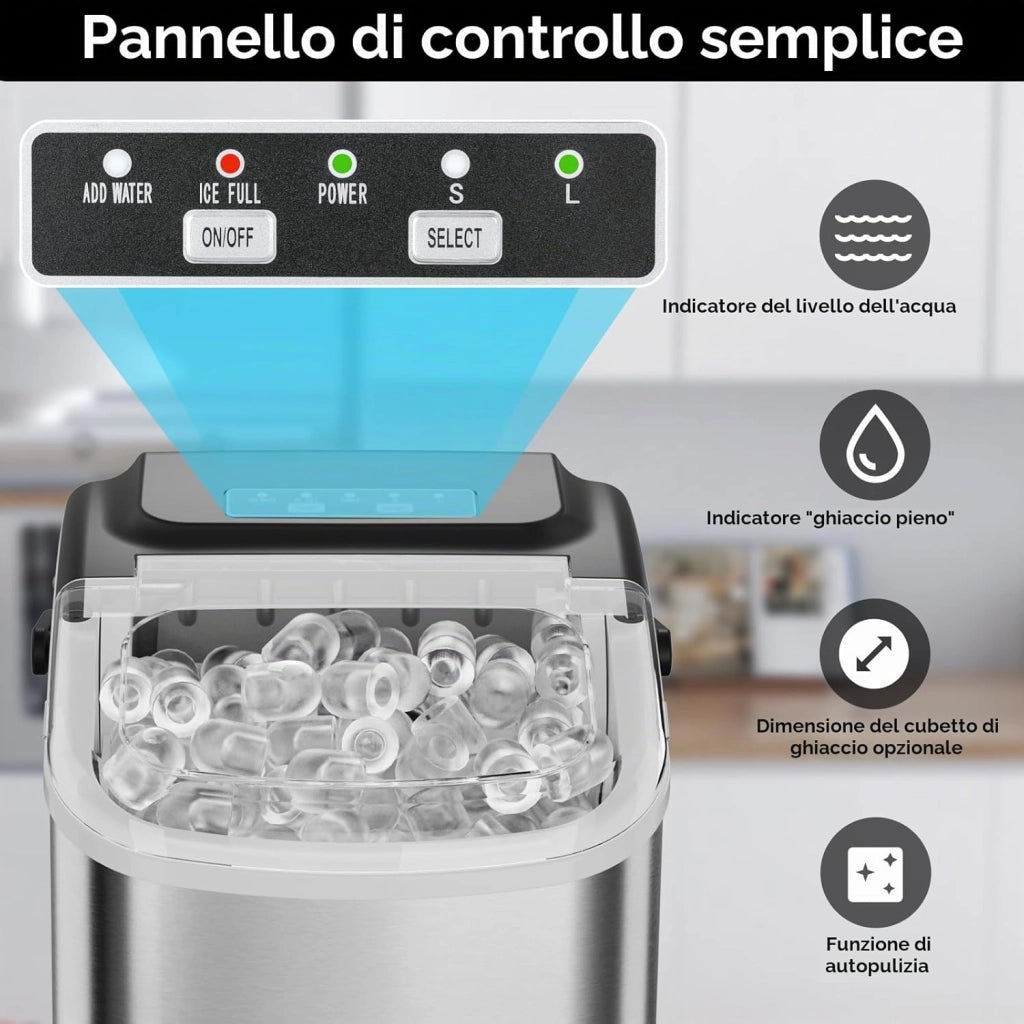 Macchina Ghiaccio, 12 kg/24h, 9 Cubetti di Ghiaccio in 6 Minuti, 2 Dimensioni di Ghiaccio, Silenzioso, Macchina del Ghiaccio con Maniglia, Macchina per il Ghiaccio Autopulente per Cucina/Ufficio/Bar