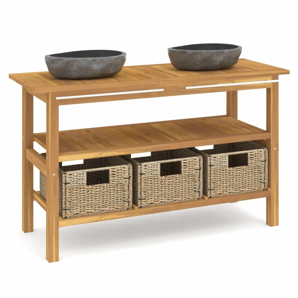 Mobile Vanità Bagno con Lavandini Pietra Fiume Massello di Teak 3096590