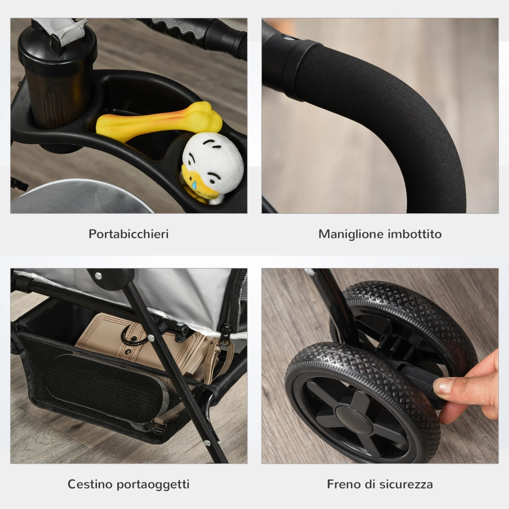 EasyComfort Passeggino per Cani Pieghevole con Guinzaglio di Sicurezza e Cestino Portaoggetti, Grigio