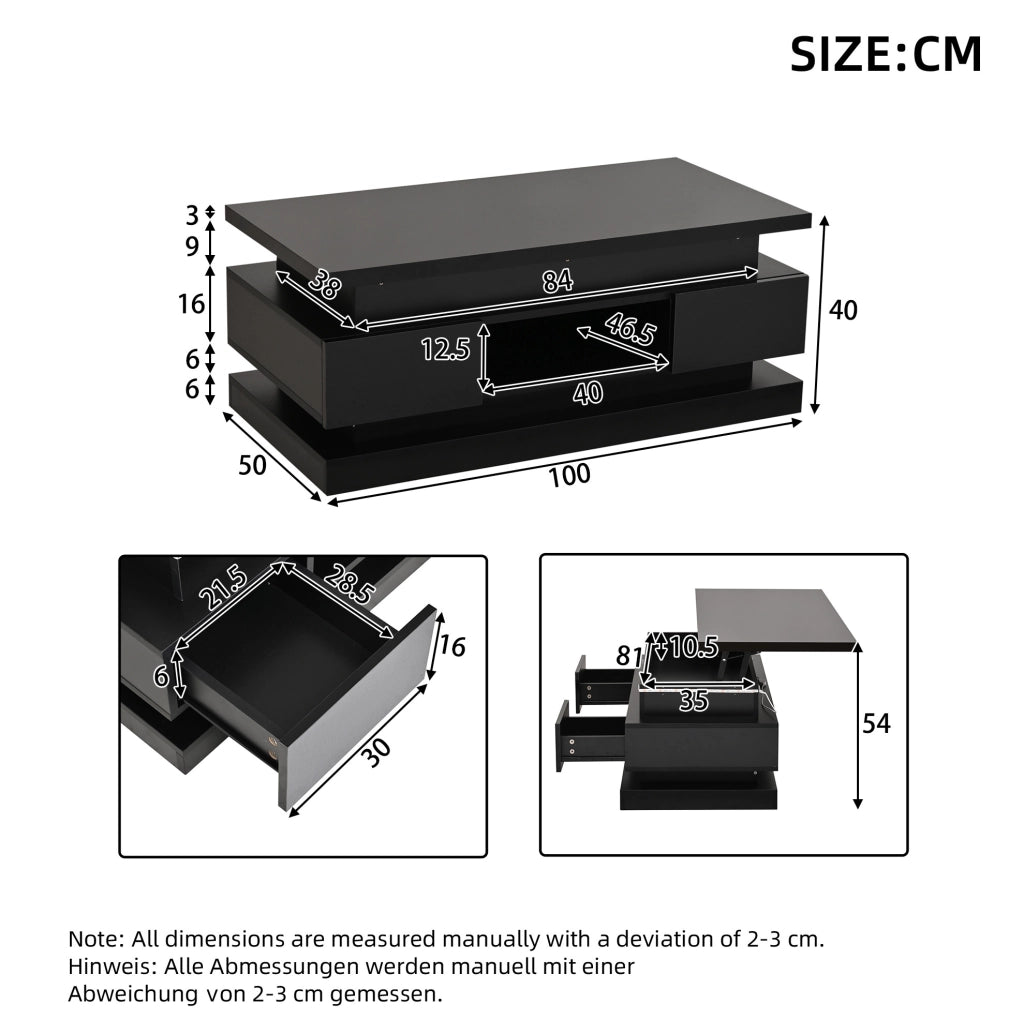 Tavolino da Caffè Elevabile Nero con LED, 2 Cassetti e USB 100x50 cm