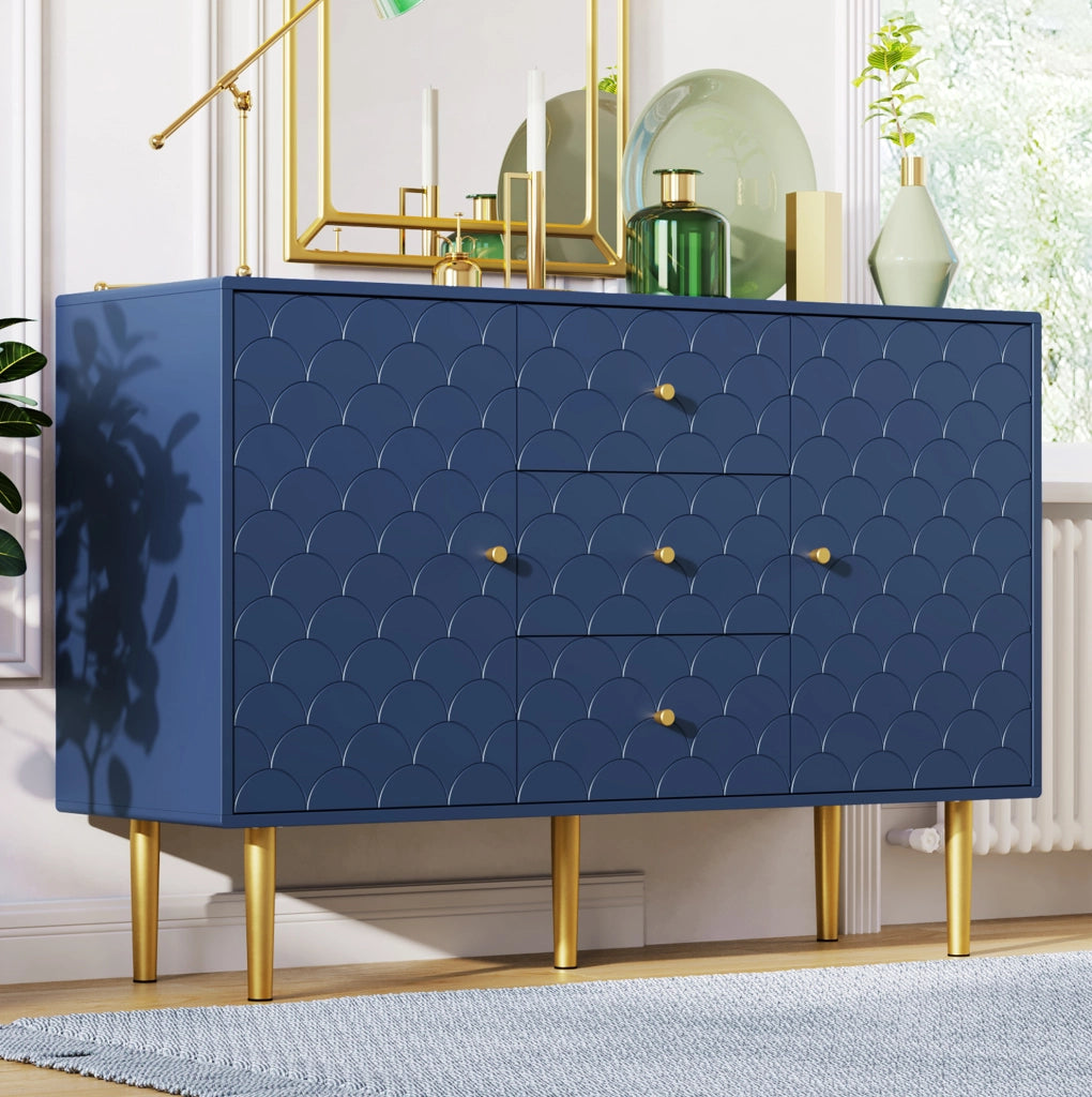 Credenza 120x40x83 cm con 2 ante; 3 cassetti e ripiano regolabile in legno e metallo blu navy