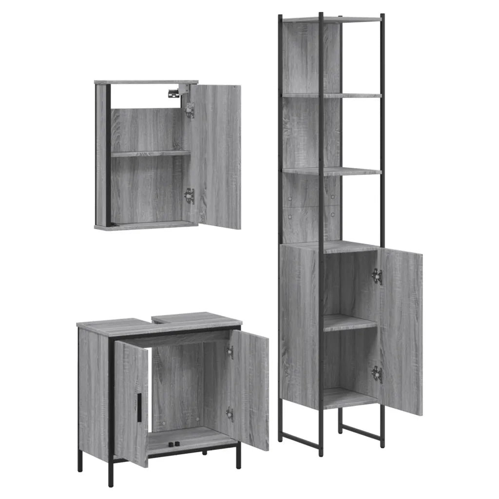 Set Mobili da Bagno | Armadio da bagno 3 pz Grigio Sonoma in Legno Multistrato