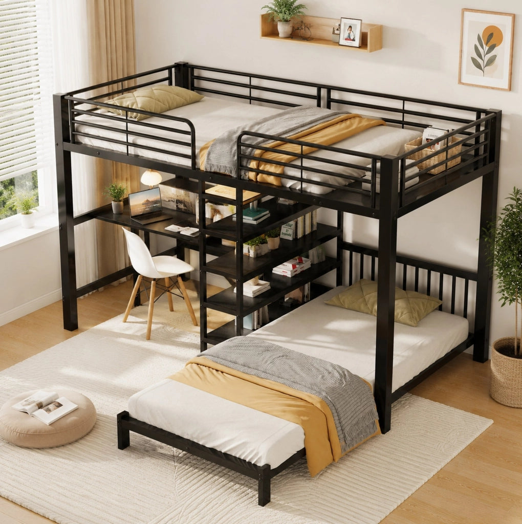 Letto a soppalco con scrivania 90x200 cm; struttura in metallo e MDF; nero