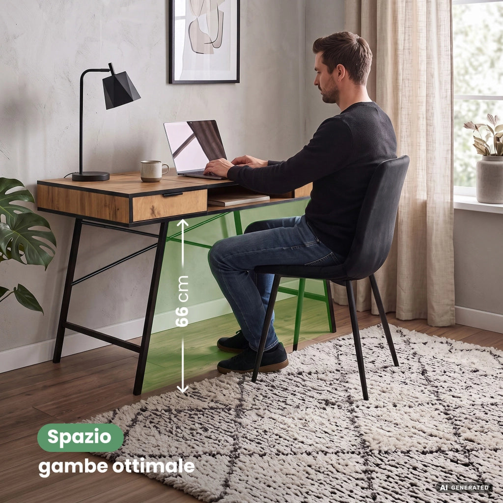 Scrivania industriale per computer Rovere Craft ARDEN 120 cm 2 cassetti 1 ripiano gambe nere