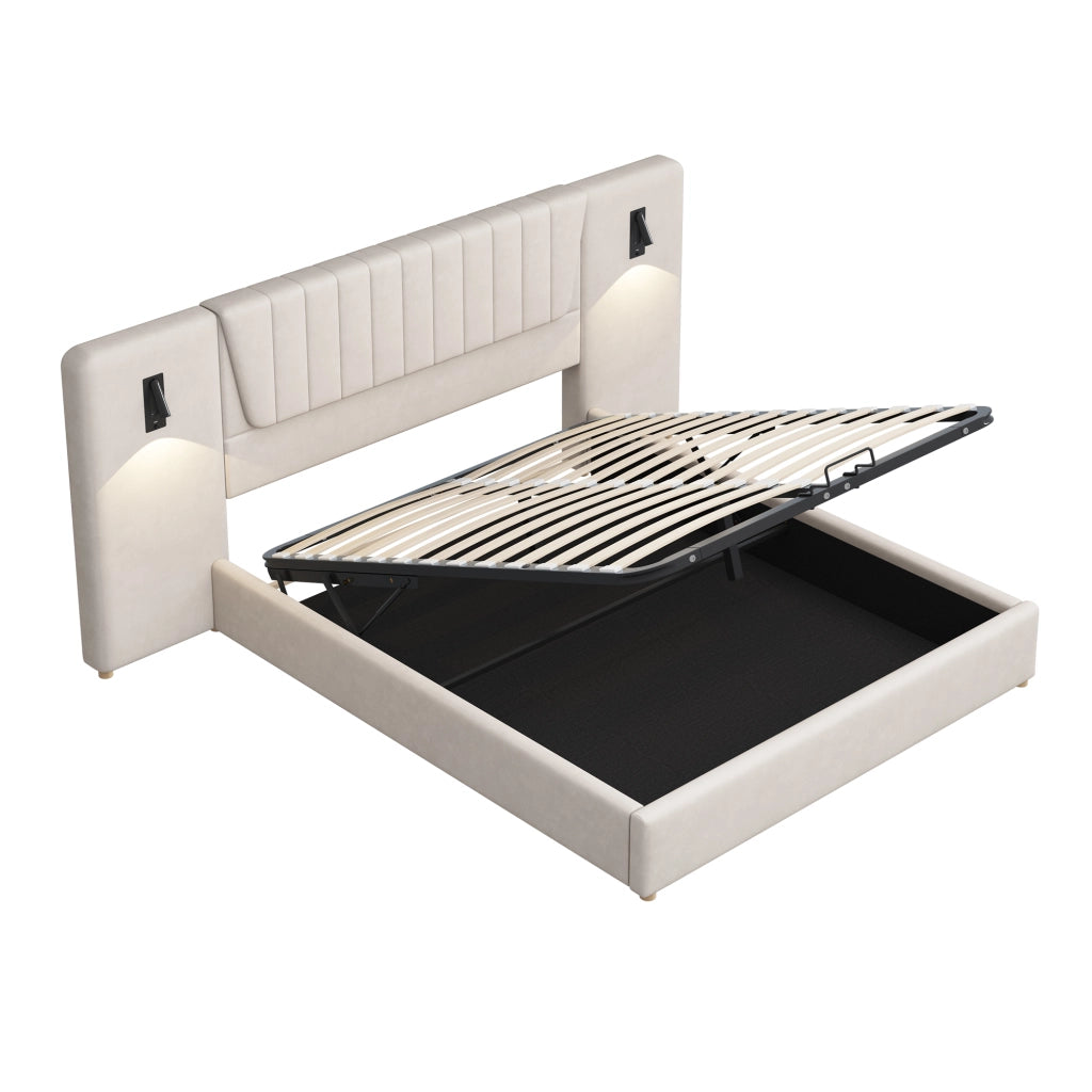 Letto imbottito 180x200 cm in velluto beige con contenitore; luci orientabili e USB