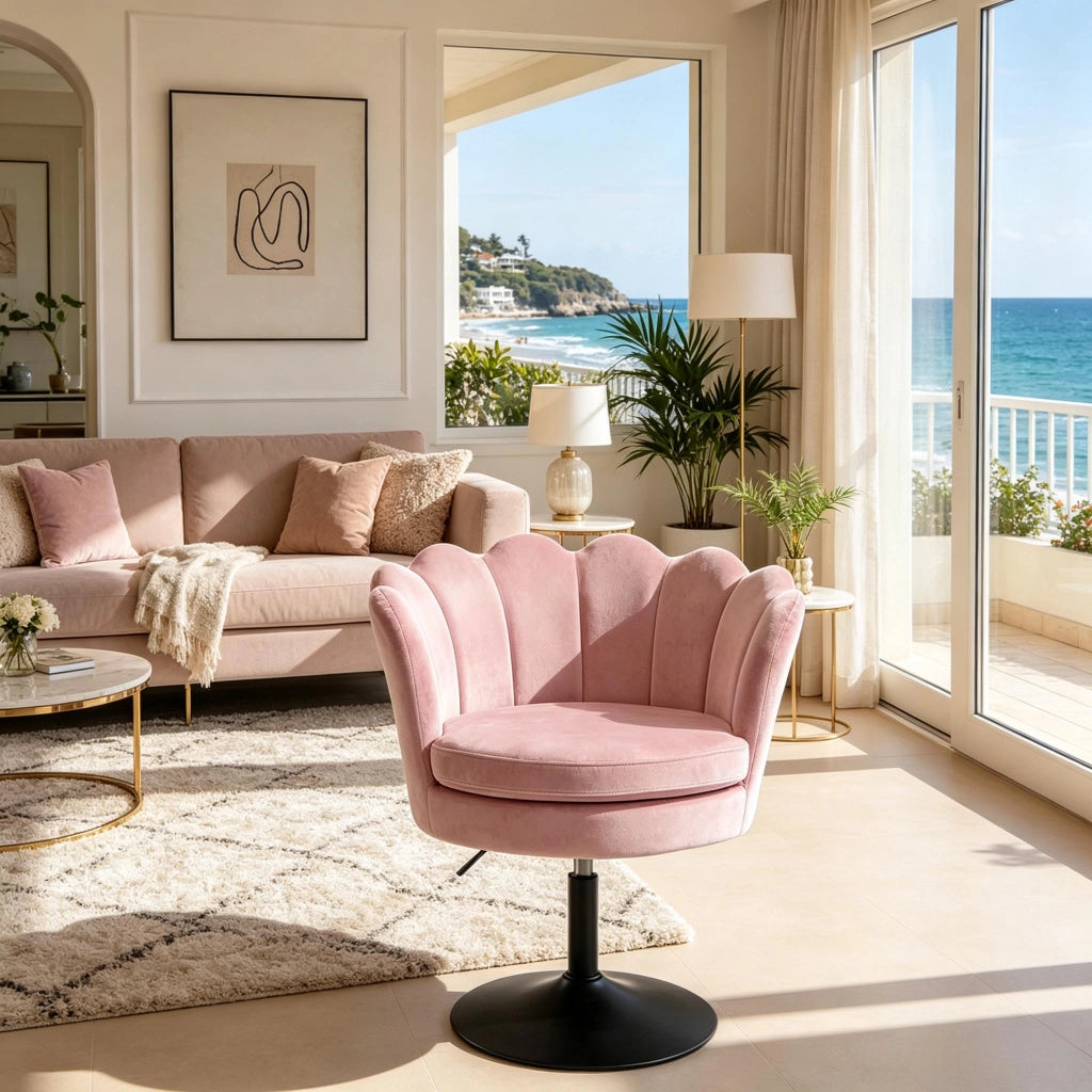 Sedia girevole in velluto rosa regolabile in altezza con base in metallo, 61,5x65x71-83 cm