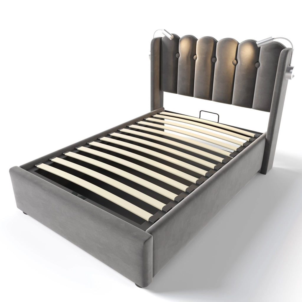 Letto singolo imbottito in velluto grigio con luce da lettura, USB, contenitore e materasso 90x200