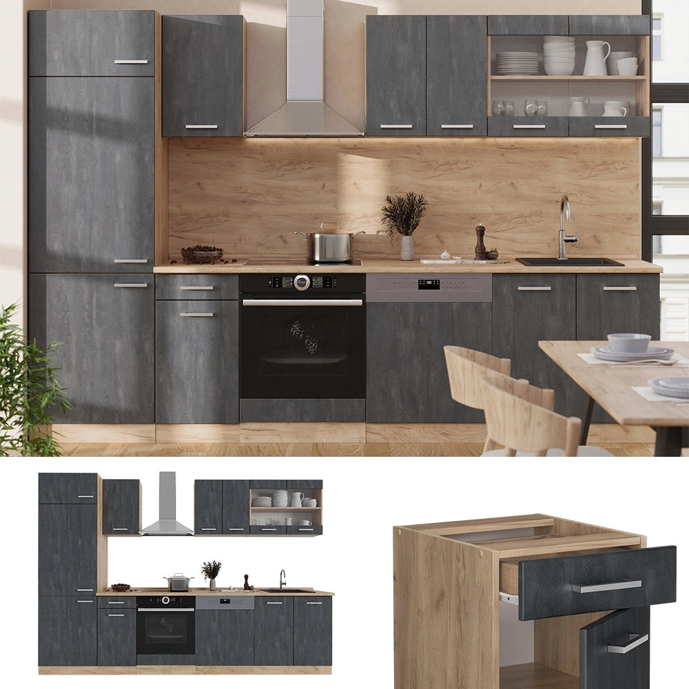 Cucina componibile R-Line Calce nera/Rovere dorato 300 cm senza piano di lavoro Vicco