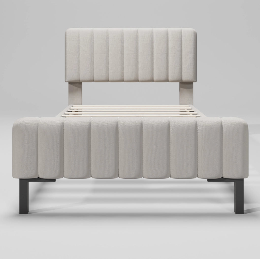 Letto imbottito 90x200 cm; testiera regolabile; lino; grigio beige; (Senza materasso)