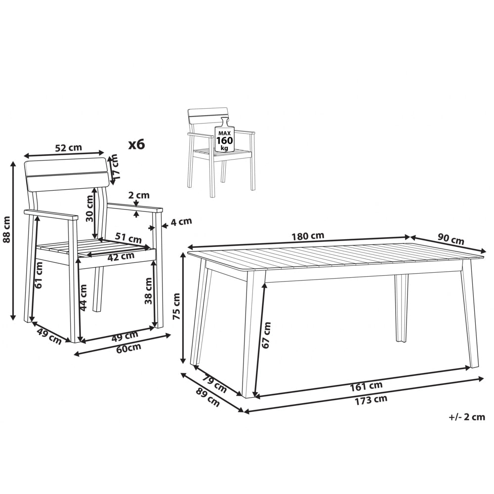 Set da pranzo da giardino Tavolo in legno di acacia chiaro 180 x 90 cm 6 sedie da esterno con braccioli stile rustico