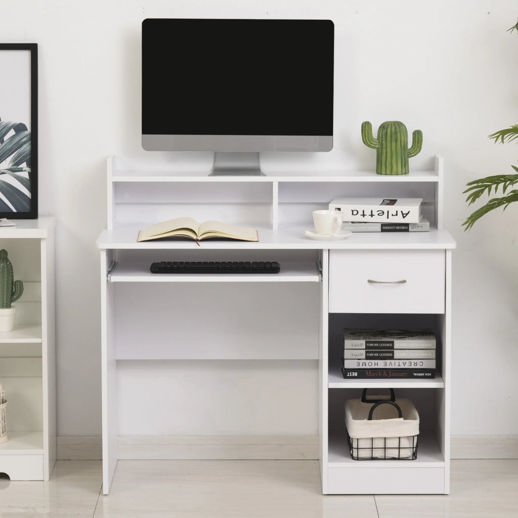 Scrivania per Computer Compatta in Legno Bianco con Ripiano Tastiera e Mensole ¨C zephmum ¨C 104x48x95.5cm