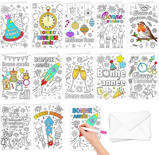 Set di carte da colorare - 12 carte da colorare - Carte da auguri senza testo - Buste - Creativo - Per bambini