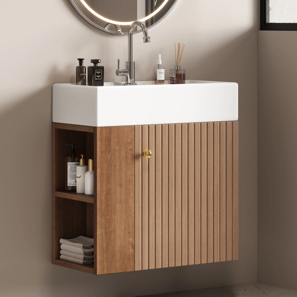 Armadietto da bagno con lavabo, ripiani laterali e chiusura ammortizzata, per bagno piccolo, marrone 69 × 52 × 32 cm
