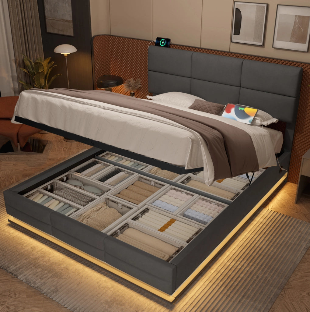 LETTO imbottito 140x200 cm in velluto grigio scuro con USB, LED e sollevamento idraulico