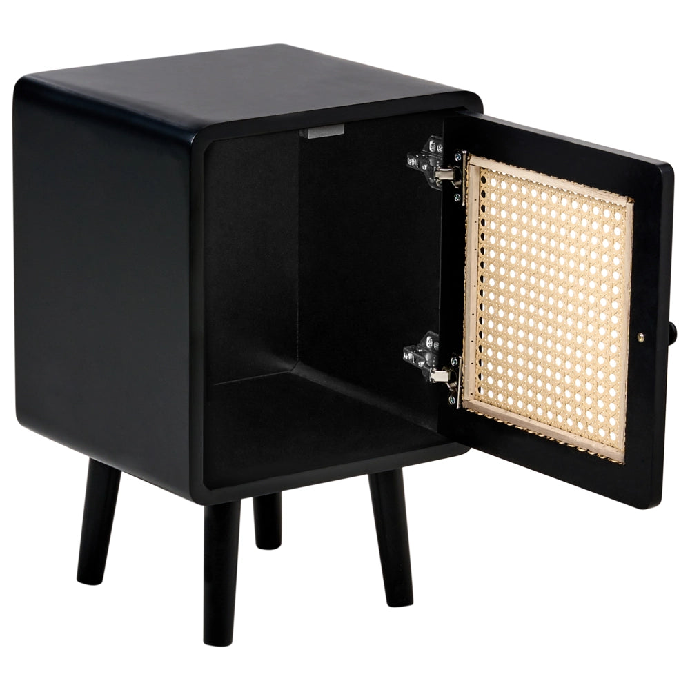 Comodino in rattan sintetico nero con fronte MDF impiallacciato stile boho soggiorno camera da letto
