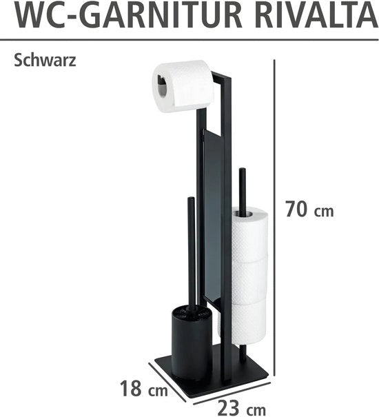 Set di toilette in piedi, set di toilette autonomo con spazzola per toilette, carta igienica e contenitore per la riserva, base in acciaio verniciato a specchio